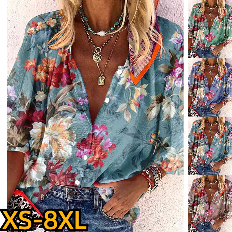 

New Design Printing Top Women Sexy V-neck Blouse Elegant Button Long Sleeve Ladies Fashion Shirt Autumn Clothes Vintage Shirt