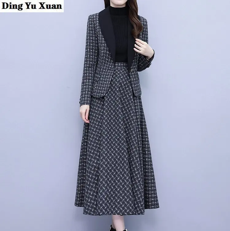 Women Fashion Plaid Two 2 Piece Blazer Set Ladies Vintage Long Sleeve Checkered Jacket Female Winter Long A-line Skirt Suits