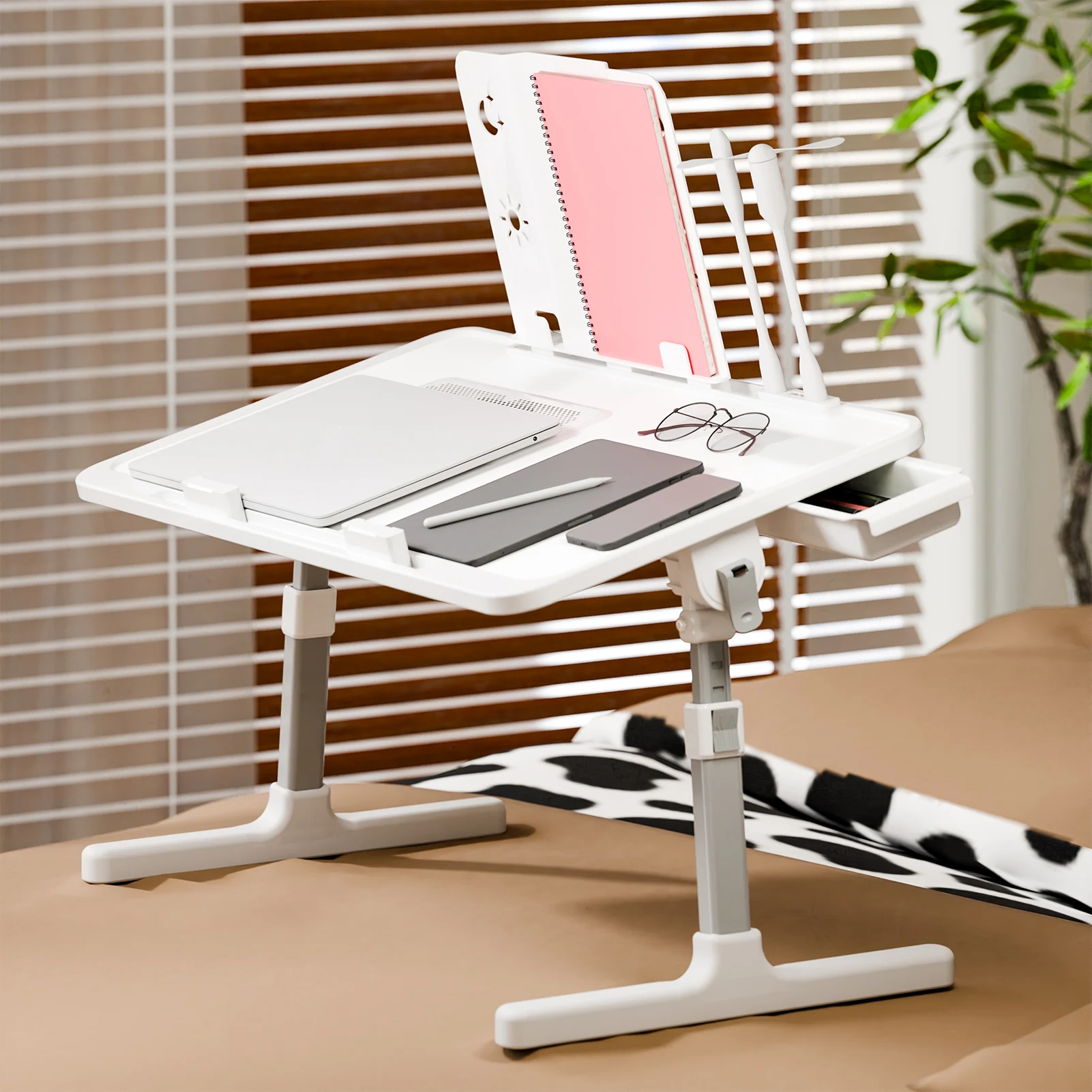 Laptop Bed Tray Table, Adjustable Lap Desk with Light Fan, Folding Laptop Desk for Bed with USB, Storage Drawer