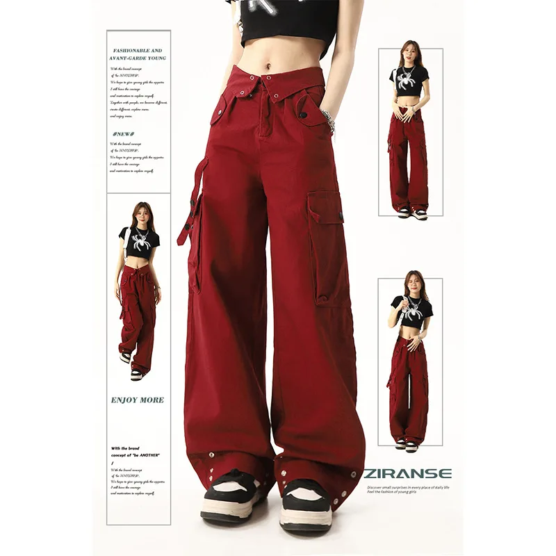 Autumn High Street Burgundy Workwear Pants With Niche Design Vibe Functional Pants For Women's Straight Casual Pants Ins american style ripped jeans for men and women new summer high street vibe trend design sense of slim fit slim micro flared pants