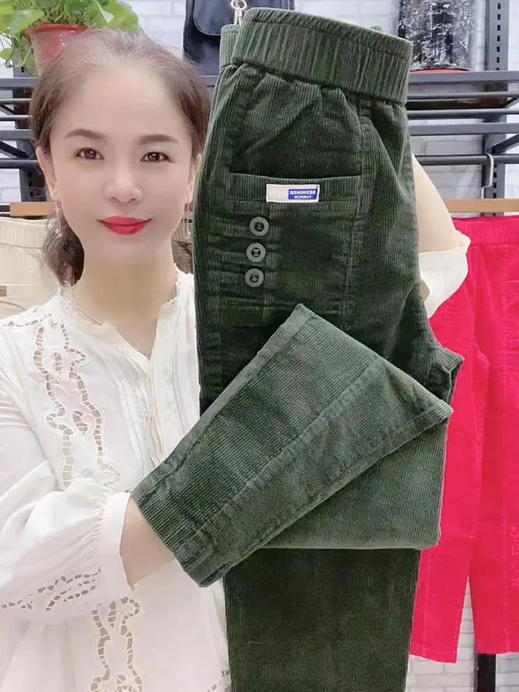 여성 캐주얼 코듀로이 하렘 바지 한국 탄성 높은 허리 연필 Pantalons 봄 가을 엄마 Pantalones 발목 길이 바지