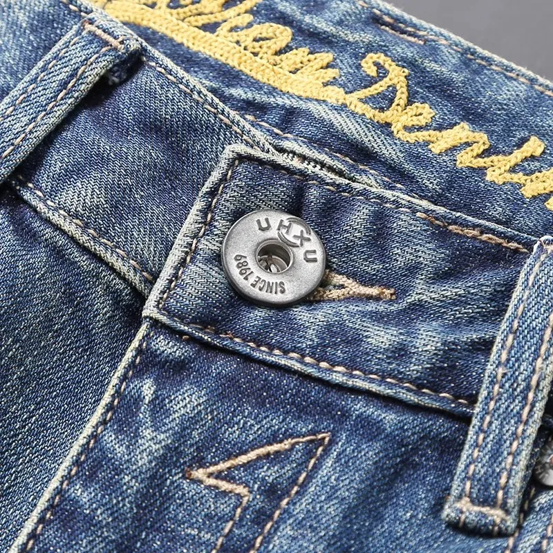 Newly Designer Fashion Men Jeans High Quality Retro Blue Elastic Slim Fit Ripped Jeans Men Embroidery Vintage Denim Pants Hombre