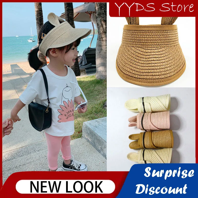 Children's Empty Top Hat Big Brim Sunscreen Foldable Children's Straw Hat Travel Vacation Beach Bunny Ears Peaked Hat