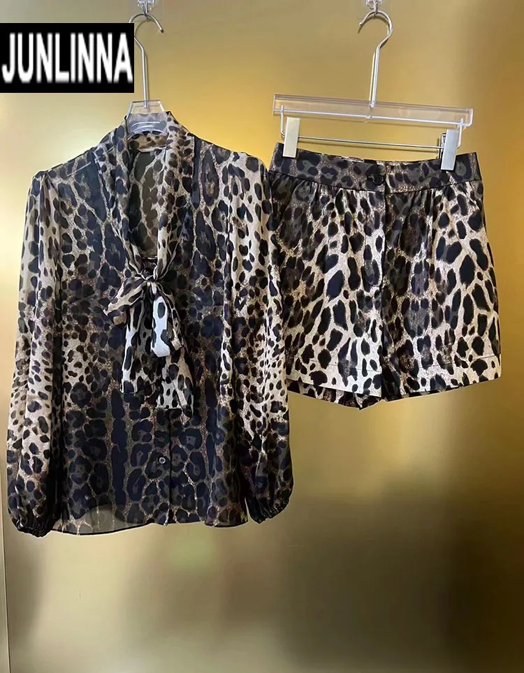 

JUNLINNA Fashion Leopard Printing 2 Piece Set Silk Shirt+Cotton Shorts Spring Summer Women High Street Suit