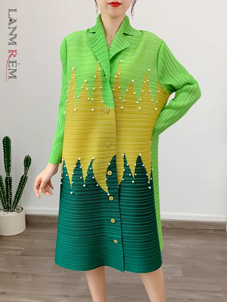 

LANMREM Designer Nail Bead Pleated Dress For Women Laple Single Breasted Long Sleeves Patchwork Dresses Female 2024 New 2YA1359