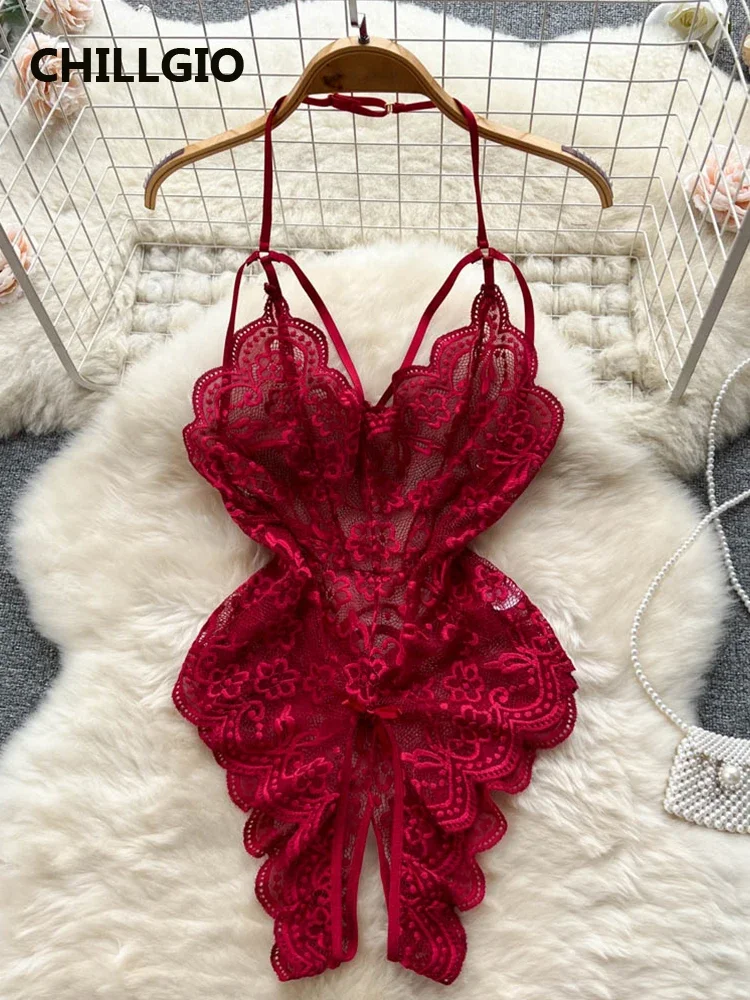 thumbnail image 1 of Mono sexy de encaje floral con tiras de CHILLGIO para mujer, mono ajustado erótico transparente de una pieza sin espalda para discoteca, 1 of 4