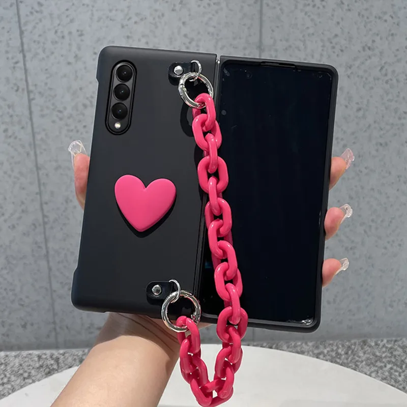 

Korean Rose Red Bracelet Hand Chain Love Heart Matte Skin Shockproof Case Cover For Samsung Galaxy Z Fold 5 4 3 2 zfold4 5G