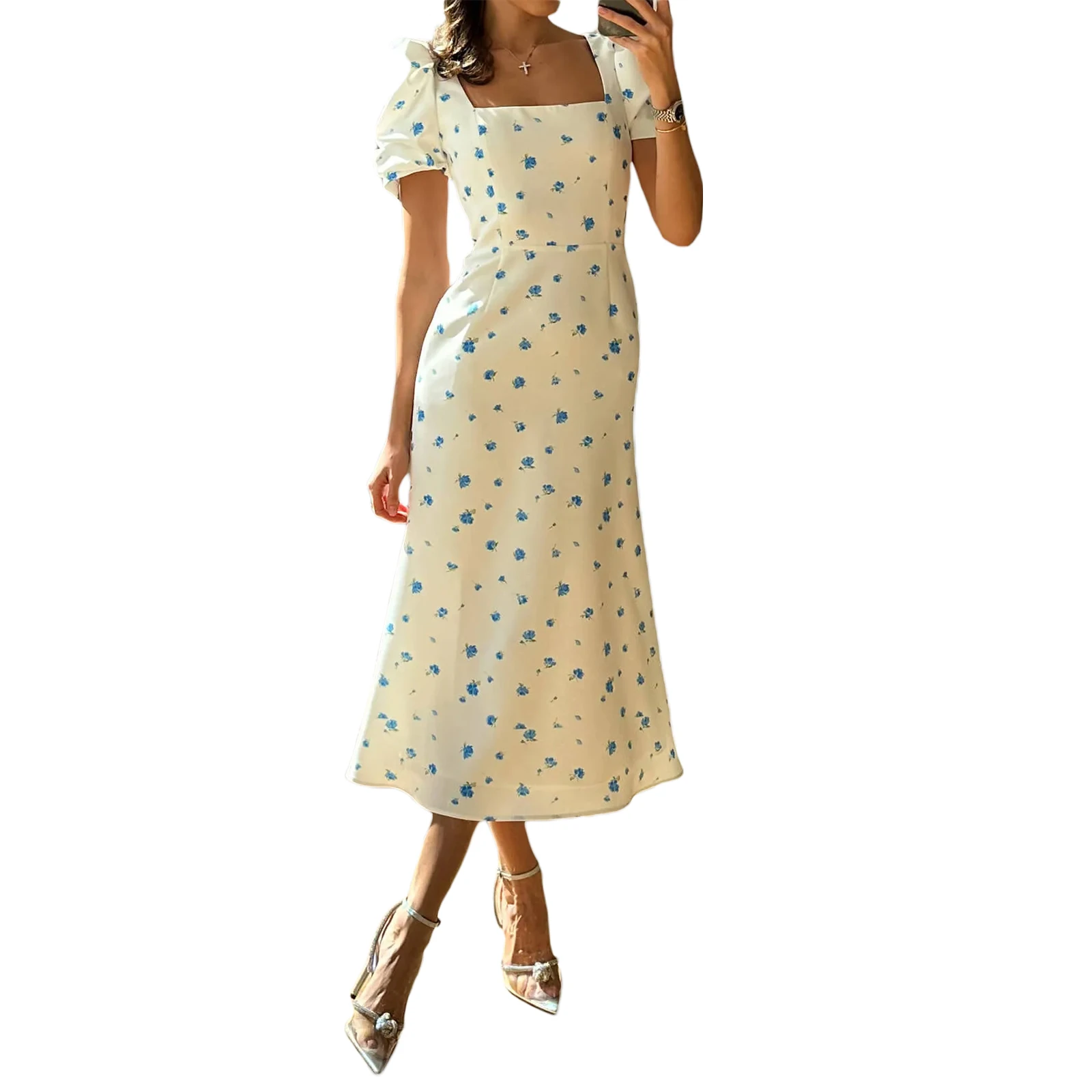 Dynvernal Women's Floral Midi Dress - Boho Square Neck, Puff Short Sleeve, A-Line Flowy Vacation Dress - View #9