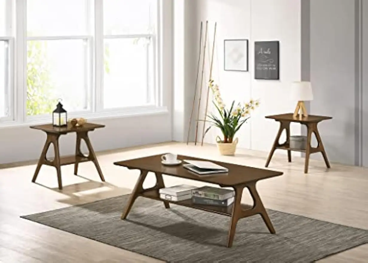 

Roundhill Furniture Arona Mid-Century Modern Wood 3-Piece Coffee Table Set, Walnut
