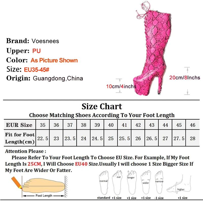 20CM/8Inch Pole Dance High Boots Woman Rose Red Snake Pattern Long Shoes Fashion Runway Show Side Zipper Lace-up Platform Boots