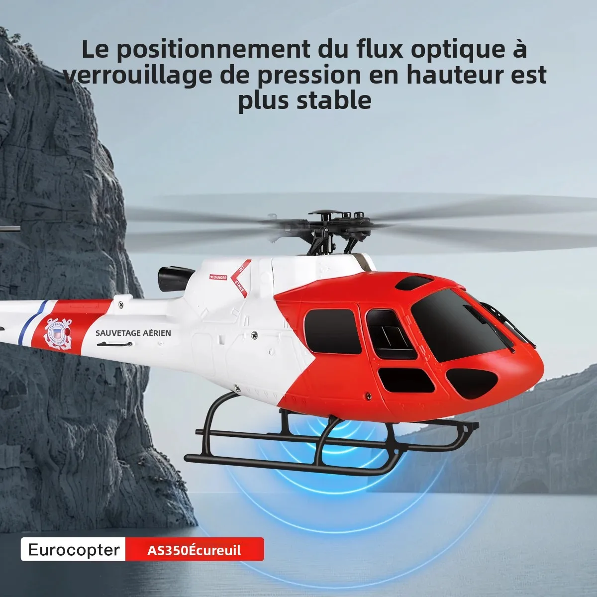Hélicoptère RC WLtoys K150 posé sur une surface plane avec ses patins d'atterrissage visibles