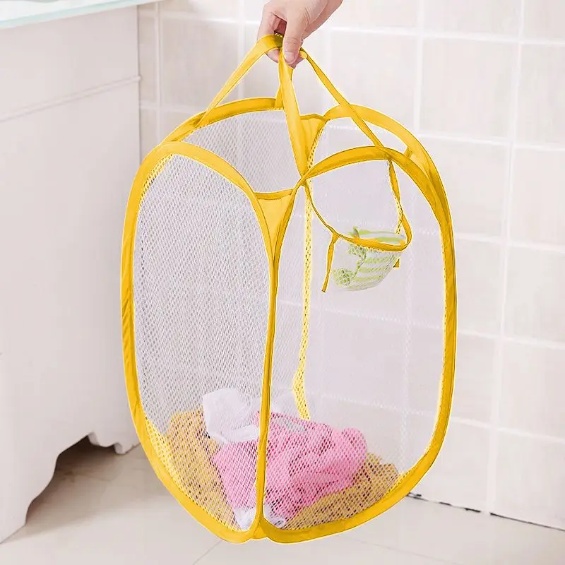 1pc Yellow Laundry Basket Buggy Bag Foldable Japanese Color Net Laundry Basket Debris Storage Clothing Storage