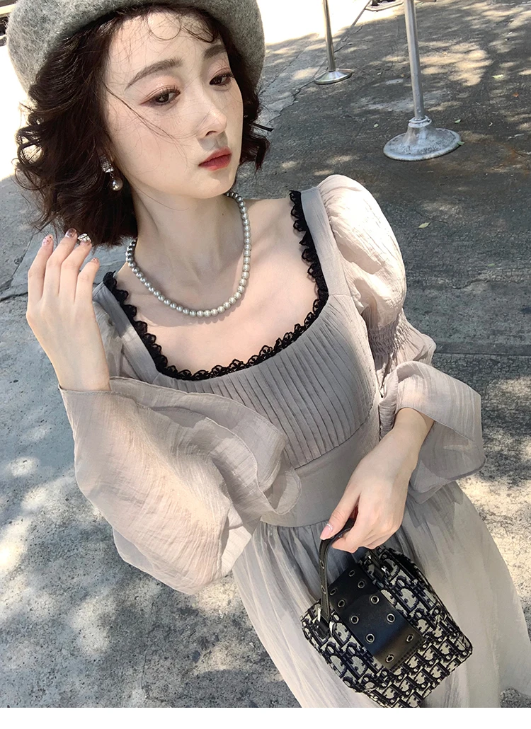 Autumn Princess Midi Dresses for Women Square Collar Flare Sleeve A-line Party Dress Slim Waist Korean One Piece Vestidos New