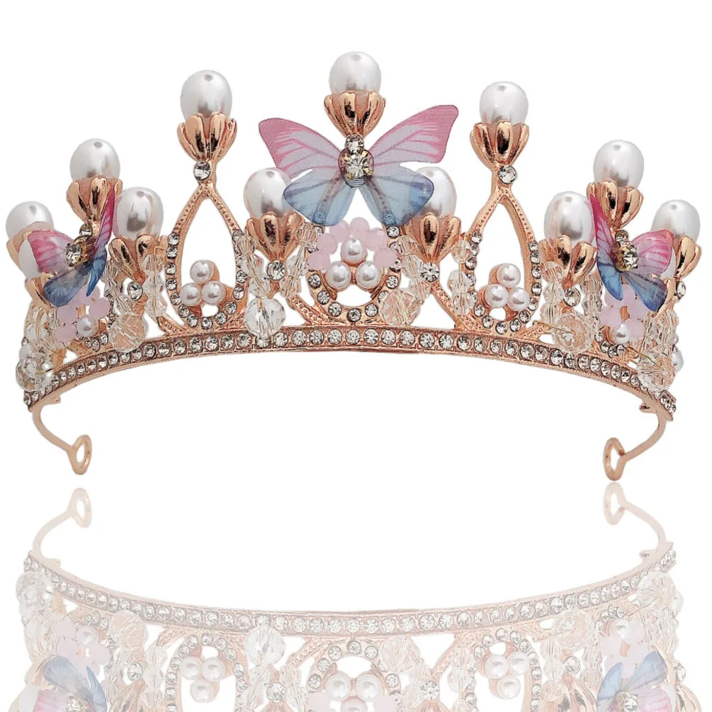 Headwear Birthday Rhinestone Tiara Princess Crown Butterfly Pearl Headband Tiaras for Girls