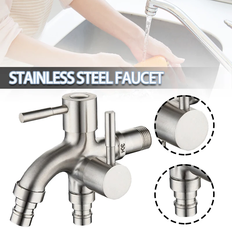 

Stainless Steel Washing Machine Faucets 1 In 2 Out Water Faucets Double Bibcocks Wall-in Faucet For Bathroom Accessories