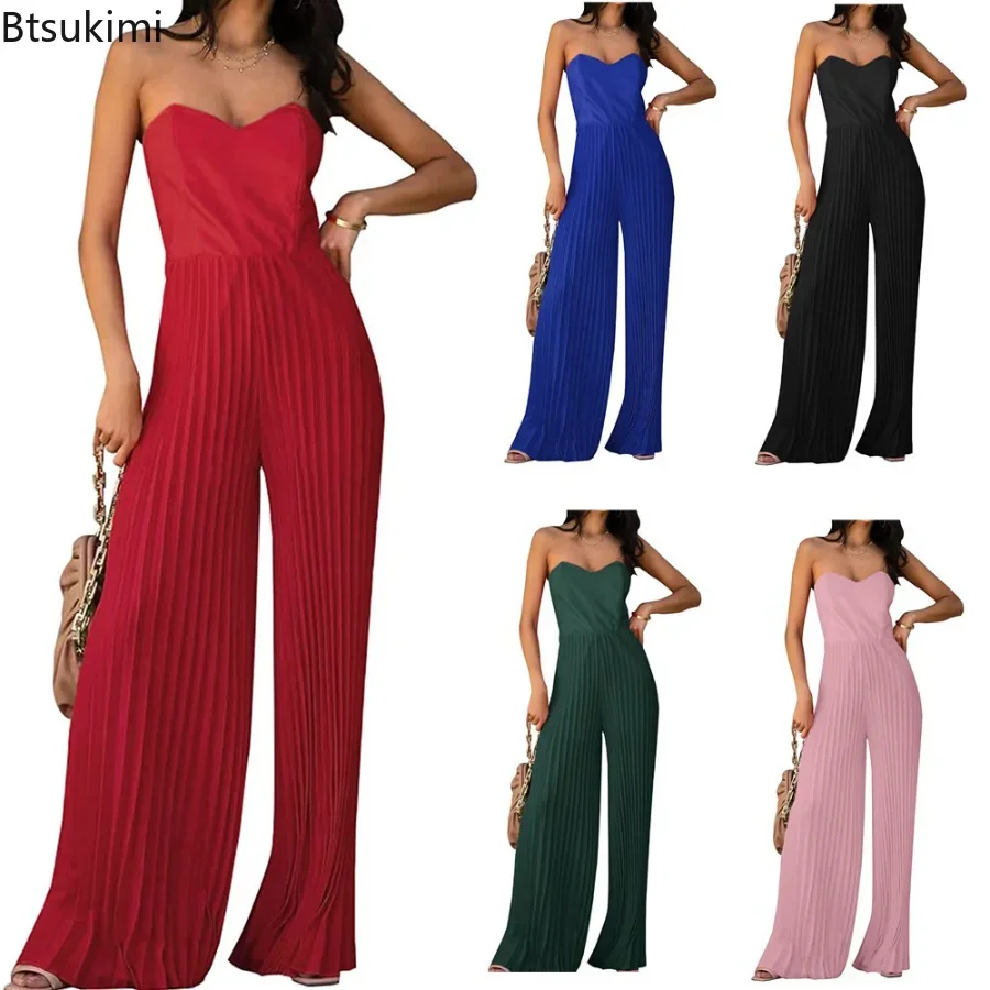 

New 2024 Women's Summer Elegant Jumpsuits Solid Off-Shoulder Wide Leg Pant Slim One Peice Overalls Female Formal Party Rompers