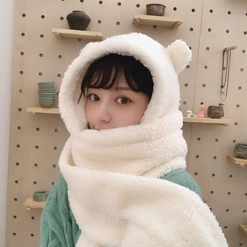 여성용 노벨티 비니 모자, 따뜻한 곰 귀 모자, 캐주얼 봉제 모자, 스카프 세트, 캐주얼 단색, 패션, 겨울