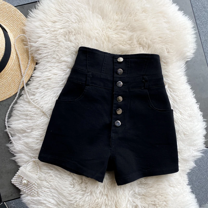 Women's Fashion Super High Waist Single Breasted Denim Shorts Black Retro Student Korean Slim and Versatile Chic Hot Pants