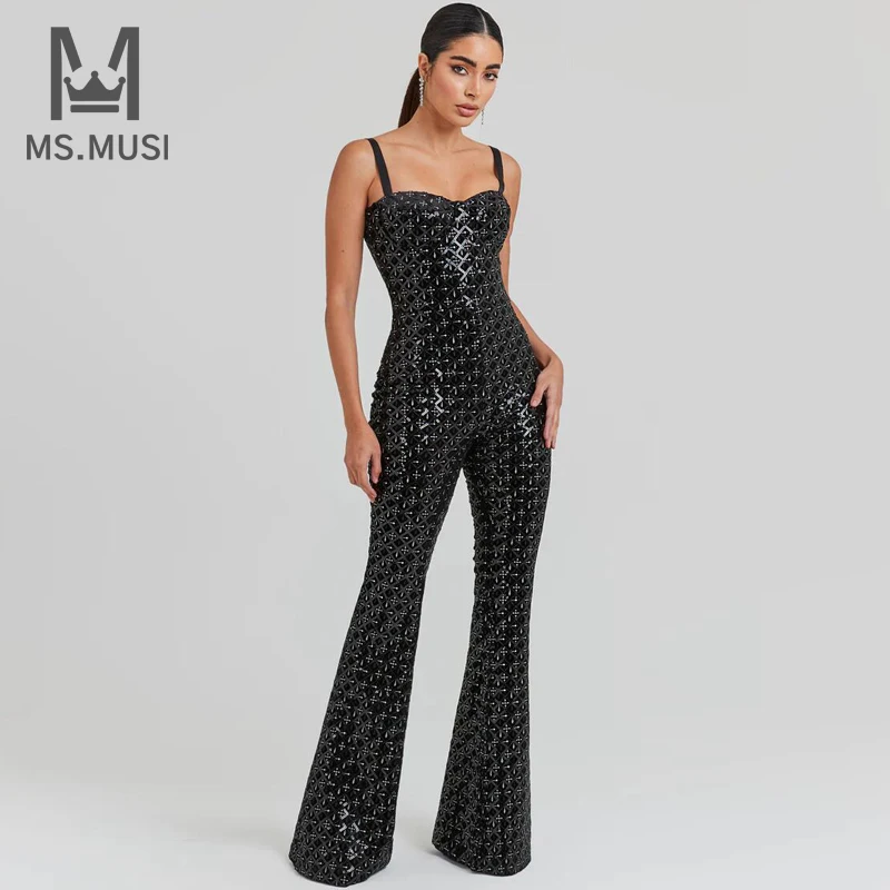 

MSMUSI 2024 New Fashion Women Sexy Strap Sequins Sleeveless Backless Bodycon Party Club Flare Pant Slim Lady Jumpsuit Vestidos