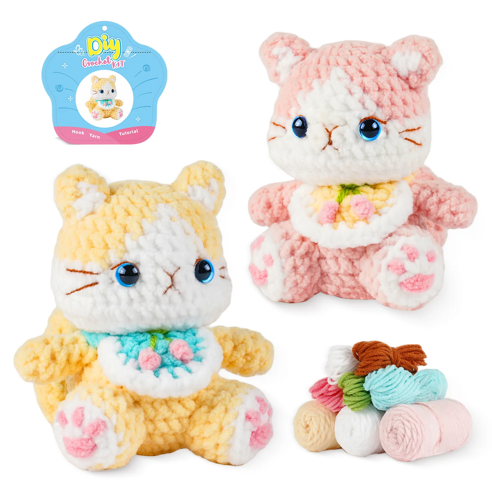수제 고양이 아미구루미 인형 셔닐 원사 크로셰 키트 (초보자용 DIY 공예 키트, 패턴 포함) 귀여운 동물 생일 선물