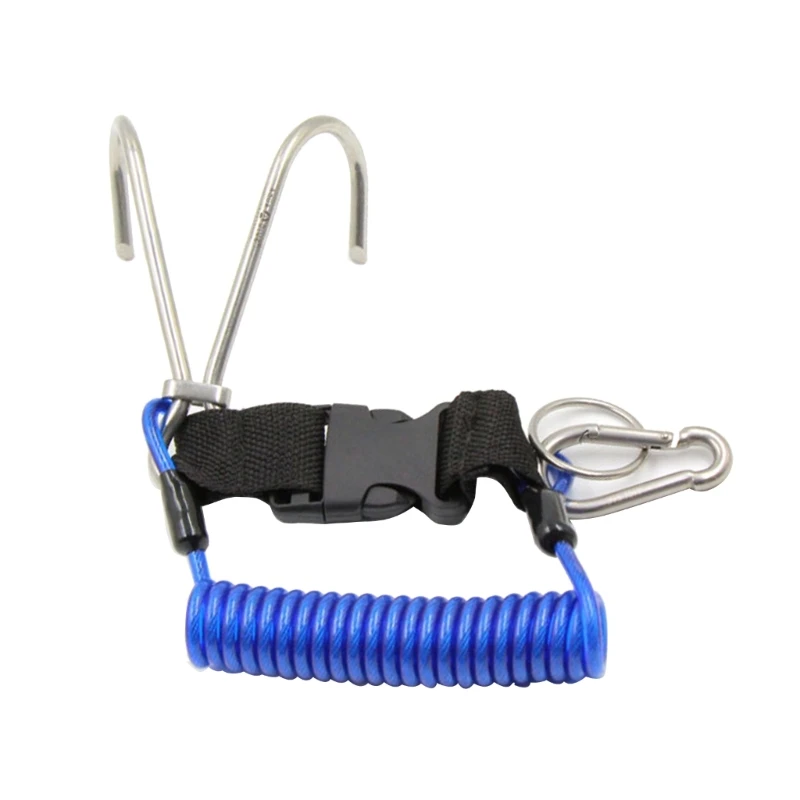 

Spring Rope Reef Double Hook Stainless Steel Scubas Diving Reef Hook With Spiral Coil Lanyard & Quick Release Buckle