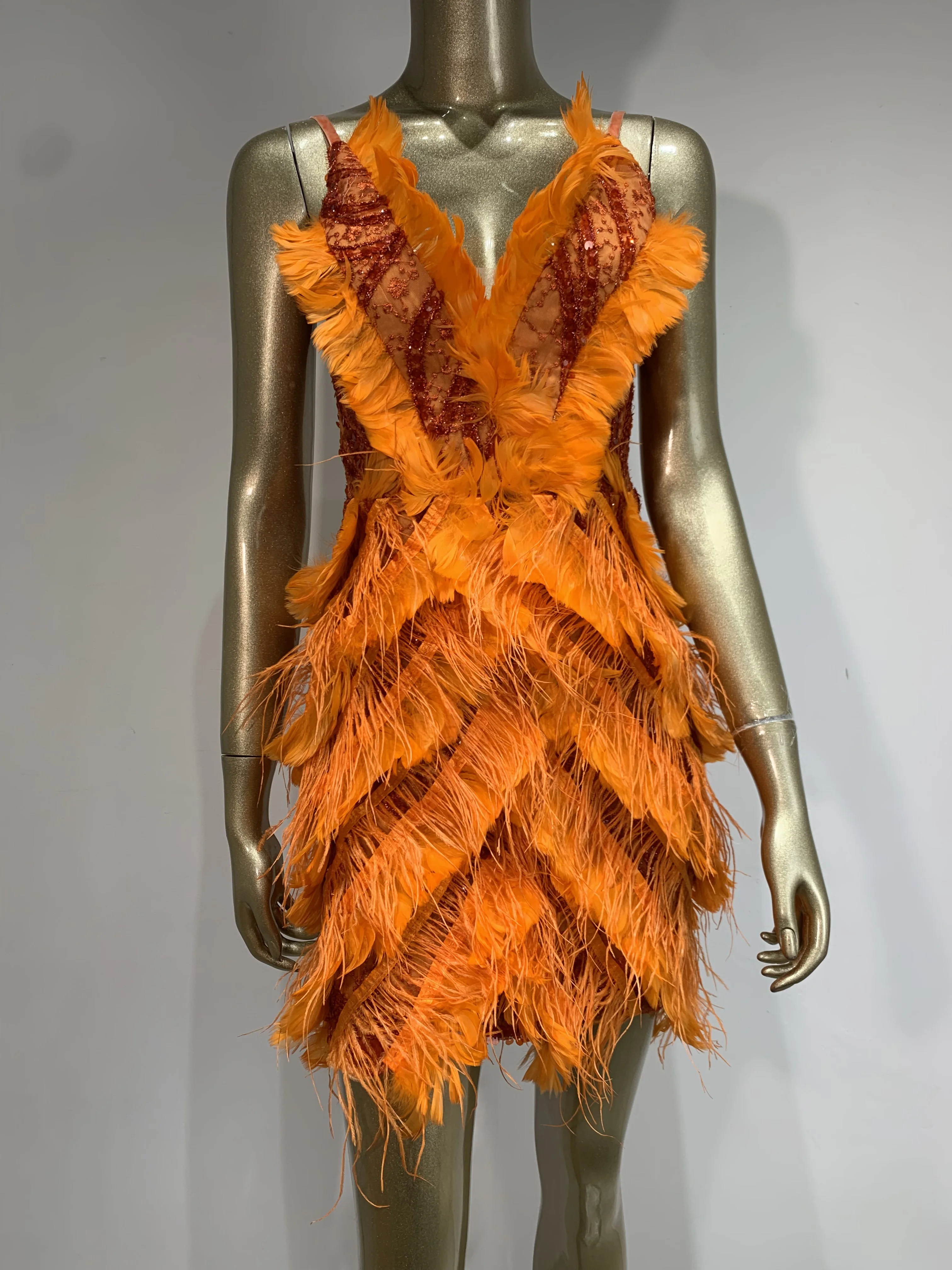 Women Summer Sexy V Neck Sequins Feather Orange Mini Bodycon Dress 2024  Elegant Party Evening Stage Performance Dress Vestido - AliExpress 200000345