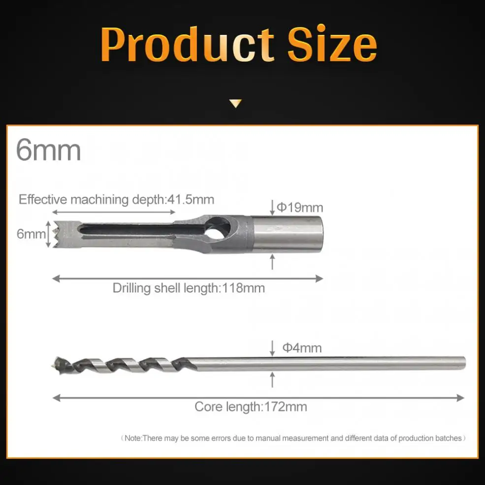 Vierkante boor, set met 6 stuks beitels voor mortel, vierkante boor voor houtbewerking, Mortise Chisel, 6 maten (6,35 mm, 8 mm, 9,5 mm, 12,7 mm, 14 mm, 16 mm