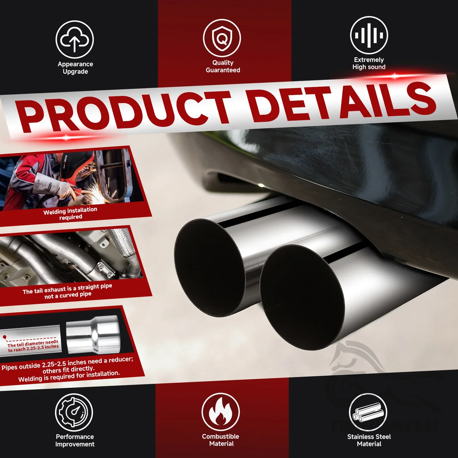 Universal 2.5" in 3.5" out 19" Long Stainless Steel Blast Pipes Exhaust Muffler Tip Easy to Replace Car Exhaust Pipe Muffler