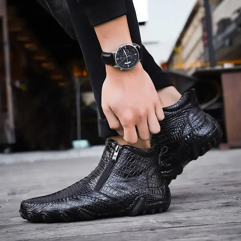 Classic Genuine Leather Spring Men's Boots Plush Warm Platform Men's Snow Boots Punk Outdoor Motorcycle Boots New Man Work Shoes