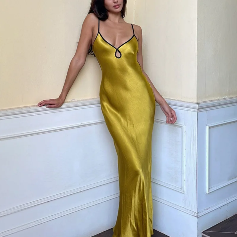 Sexy Dress Women y2k Clothes Contrast Color V Neck Spaghetti Strap Sleeveless Bodycon Long Dress Evening Party Dresses