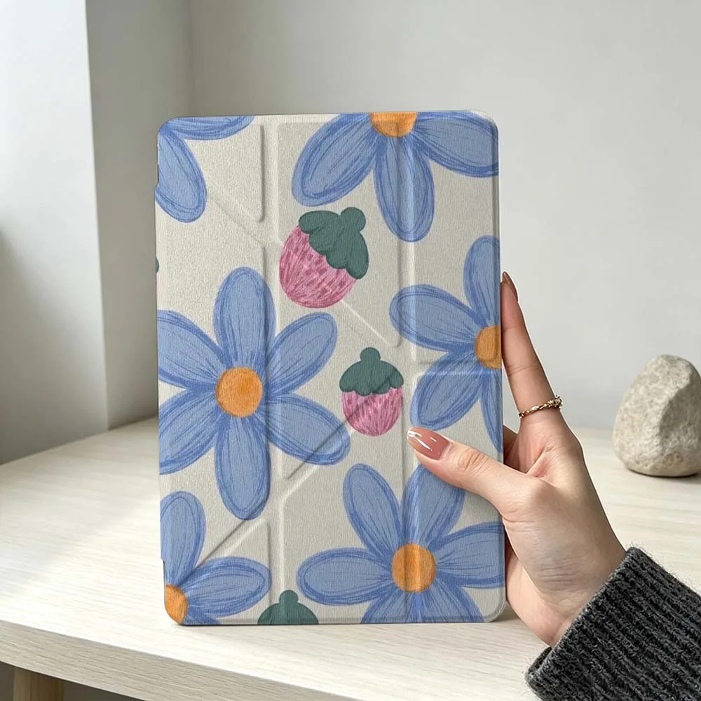 Cartoon Blue Flower Strawberry Soft Foldable Tablet Case