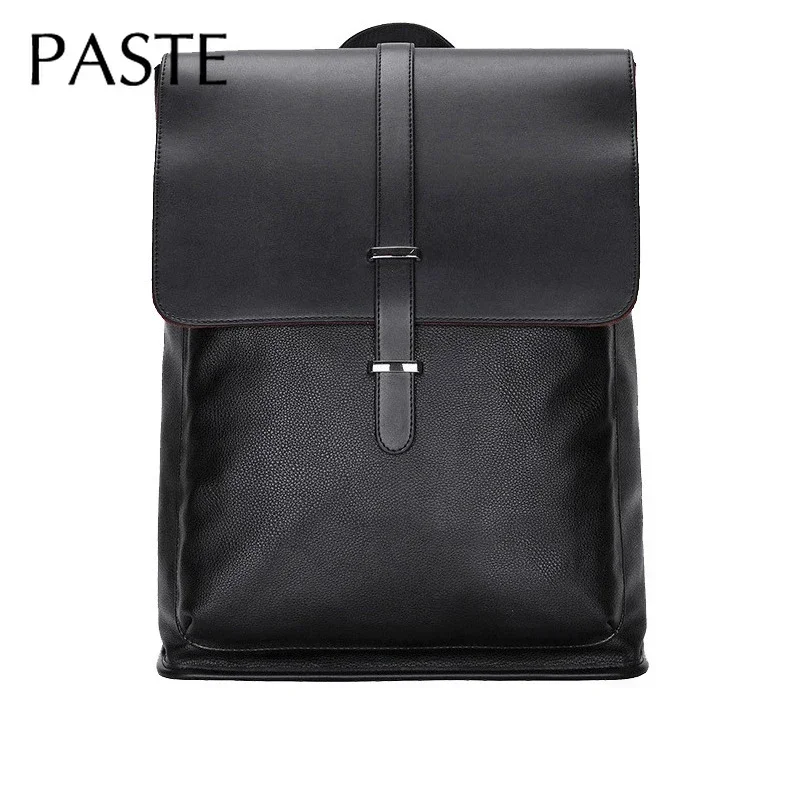 Simple Men Backpack Genuine Cow Leather Bagpack Business 15.6 Inch Laptop Computer Back Pack College Student School Bag Black 6