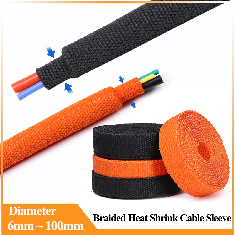 

New 2:1 Heat Shrink Braided Cable Sleeve 6~100mm Insulation Flam Retardant Wire Wrap Sheath Protection PET Auto Line Organizer