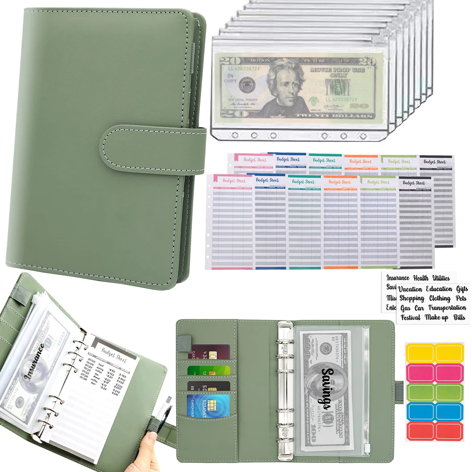 New A6 Pu Leather Budget Binder Notebook Cash Envelopes System Set