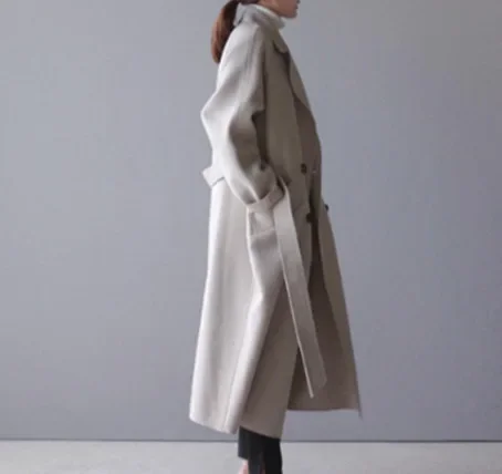 Vintage Wool Blend Coat Women Autumn Winter Long Sleeve Lapel Long Jacket Female Korean Fashion Elegant Loose Oversized Overcoat