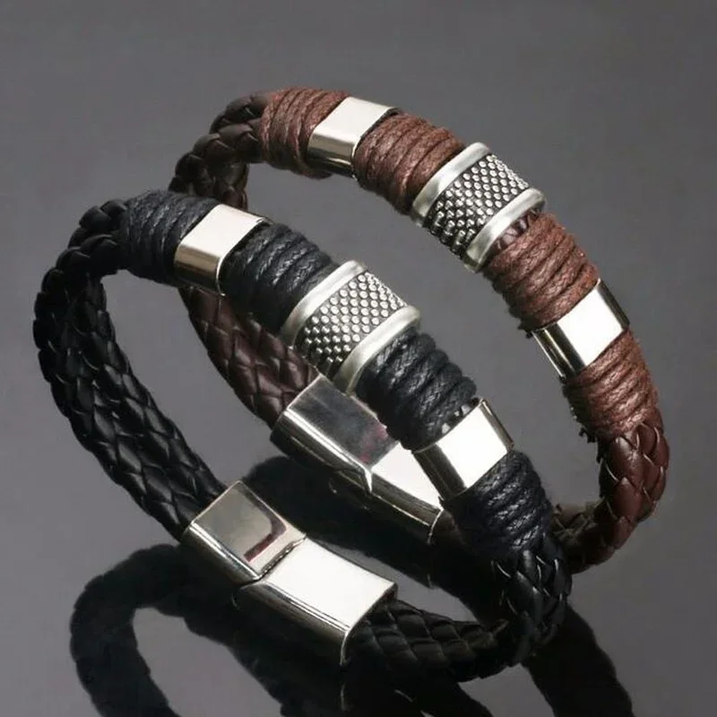 bracelet jewelry Leather Titanium Stainless Steel Braided Clasp Bangle Bracelet for Men and Women Retro Jewelry