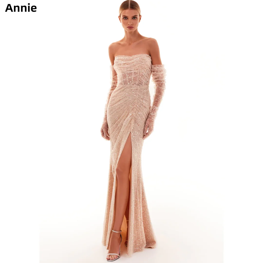 

Annie Light Pink Prom Dresses Mermaid Sequins Formal Occasion Dresses Tube Top Slit Sleeve Removal فساتين للحفلات الراقصة