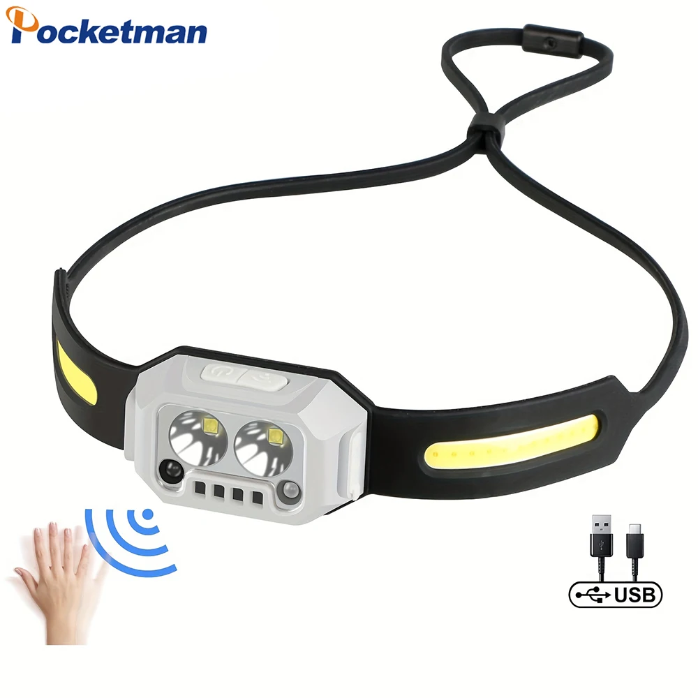 

Smart IR Motion Sensor LED Headlamp USB Rechargeable Headlight with Red Green Warning Lights Waterproof Head Lamp Induction