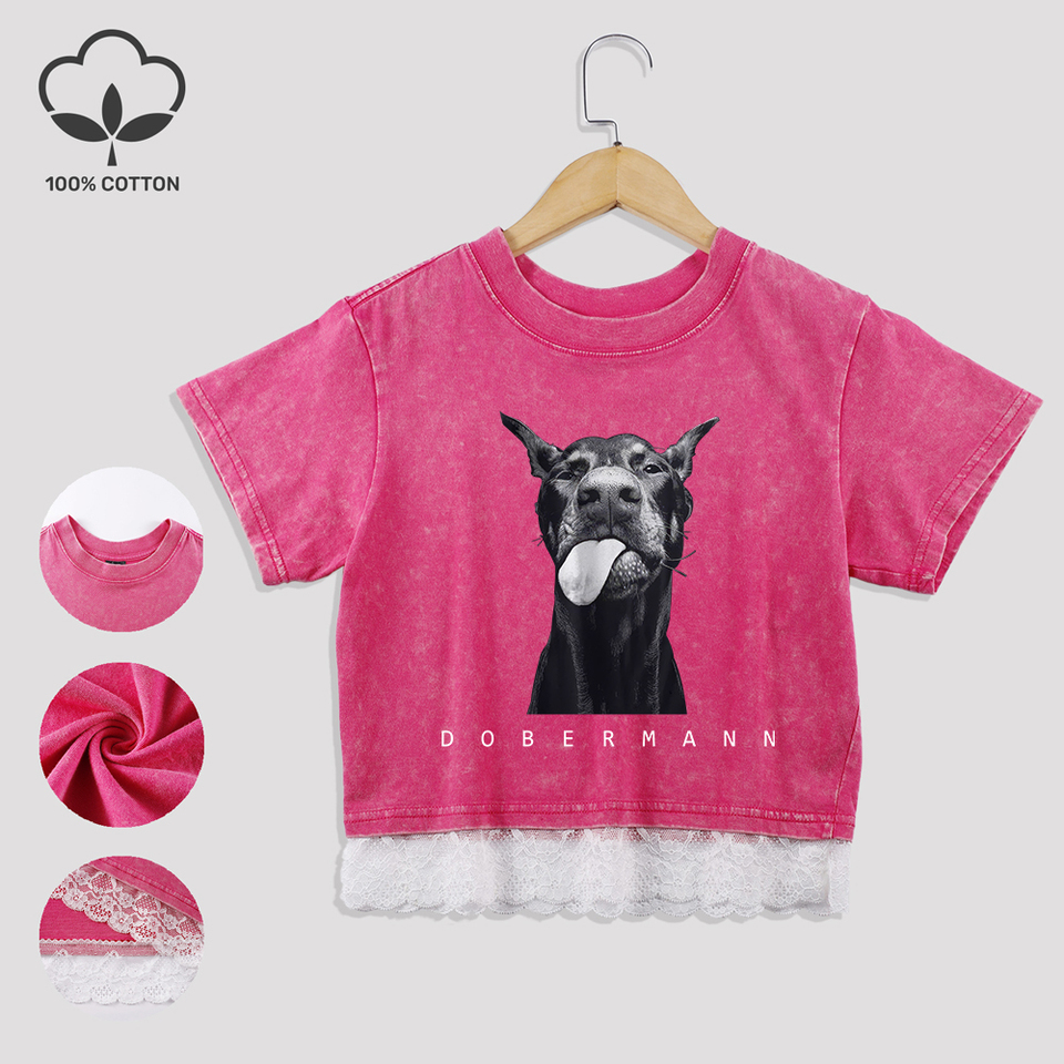 Fashion Creativity Doberman Prints Cotton Crop Tees Summer Lace Hem Washed T-Shirts Regular Fit Distressed Tops Casual Clothes