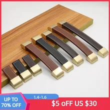 

Leather Cabinet Drawer Knobs Brushed Golden Furniture Wardrobe Door Suitcase Handles Kitchen Cupboard Pulls for Dressing Table