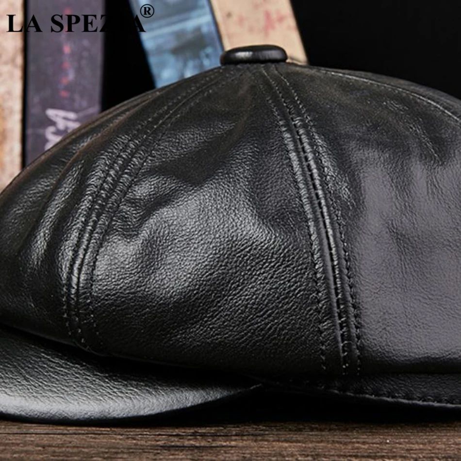 LA SPEZIA Black Newsboy Hats For Men Genuine Cowskin Leather Octagonal Cap Male Autumn Winter Fitted Vintage Duckbill Hats Beret 5