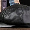 LA SPEZIA Black Newsboy Hats For Men Genuine Cowskin Leather Octagonal Cap Male Autumn Winter Fitted Vintage Duckbill Hats Beret 5