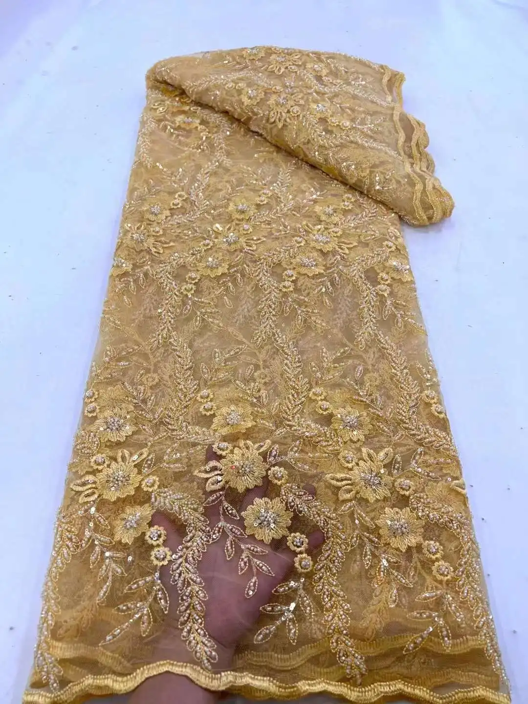 

Beautiful Weddings Design Beaded Fabric Beads Embroidery French Tulle Net lace Sequin Nigeria Fabirc For Evening dresses party
