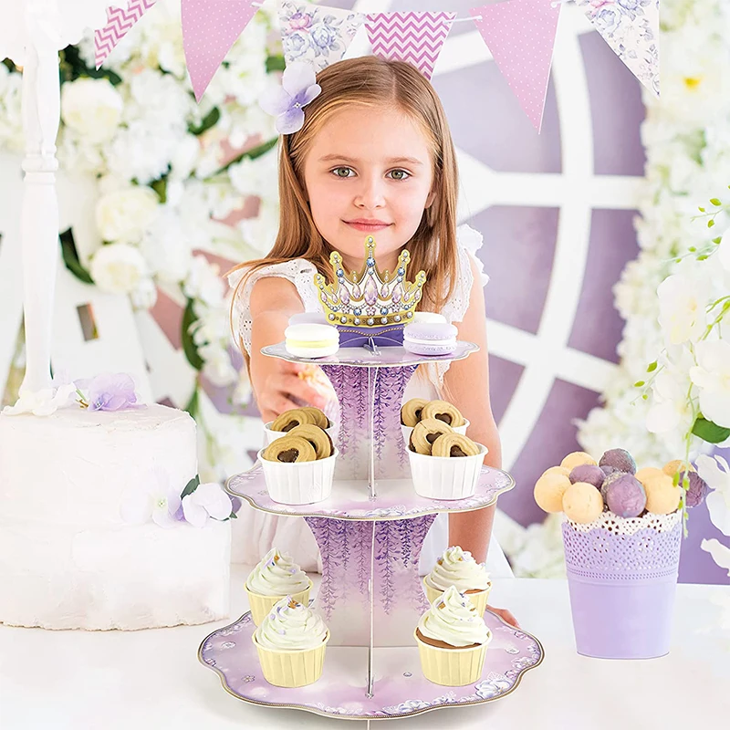 

Purple Wedding Floral Lavender Cardboard Crown Cupcake Stand Girls Birthday Party Decoration Cake dessert Serving Tray Supplies