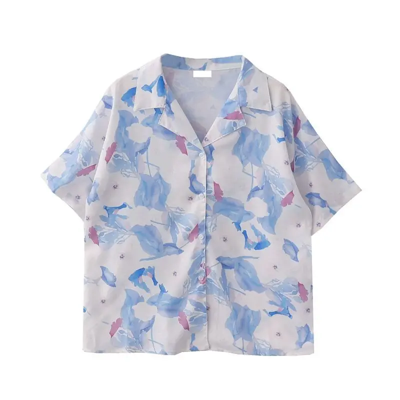 Oil Painting Shirt Short-Sleeved Korean Style Ins Button Fashion Simple Floral Chiffon Shirt Unisex 2023