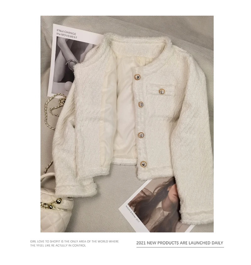 

Женское твидовое пальто знаменитости, маленькое очаровательное пальто, новое осеннее универсальное короткое пальто с круглым вырезом, толстый шерстяной топ с бахромой, 2024