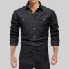 New Men's Casual Blouse Soild Slim Denim Shirt Double Pocket Lapel Button Up Tops Work Autumn Long Sleeve Male Shirts Top 1