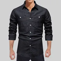 New Men's Casual Blouse Soild Slim Denim Shirt Double Pocket Lapel Button Up Tops Work Autumn Long Sleeve Male Shirts Top 1