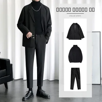 Casual Men's Tee-Piece Suit Set Fce-Lined Hip-Trendy Loose Fit Korean Sle Ins Hong Kong Sle Pants Long Sve Winter...