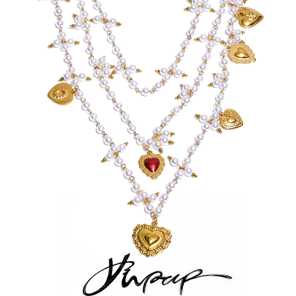 Yhpup Simulated Pearls Layered Chain Heart Drop Necklace Stainless Steel